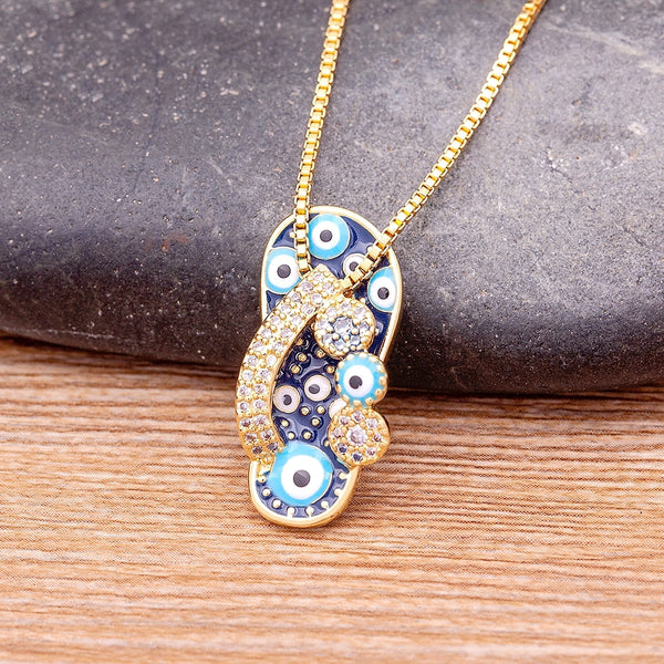 Rhinestone Enamel Slipper Pendant - Blue Evil Eye Necklace Chain Gold Plated