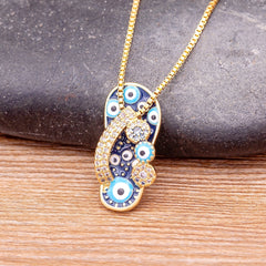 Rhinestone Enamel Slipper Pendant - Blue Evil Eye Necklace Chain Gold Plated