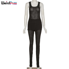 Weird Puss Two-Piece Sets Women Knitting Ribbed Sleeveless Split Tops+High Waist Pants Thin Summer Sporty Suit Casual Streetwear