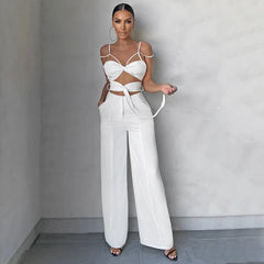 White Wide Leg Jumpsuit Sexy Hollow Lace-up Slim Jumpsuits