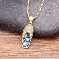 Rhinestone Enamel Slipper Pendant - Blue Evil Eye Necklace Chain Gold Plated