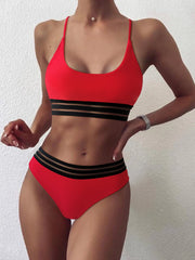 Webbing Patchwork Padded Bra High Waist Swimsuit