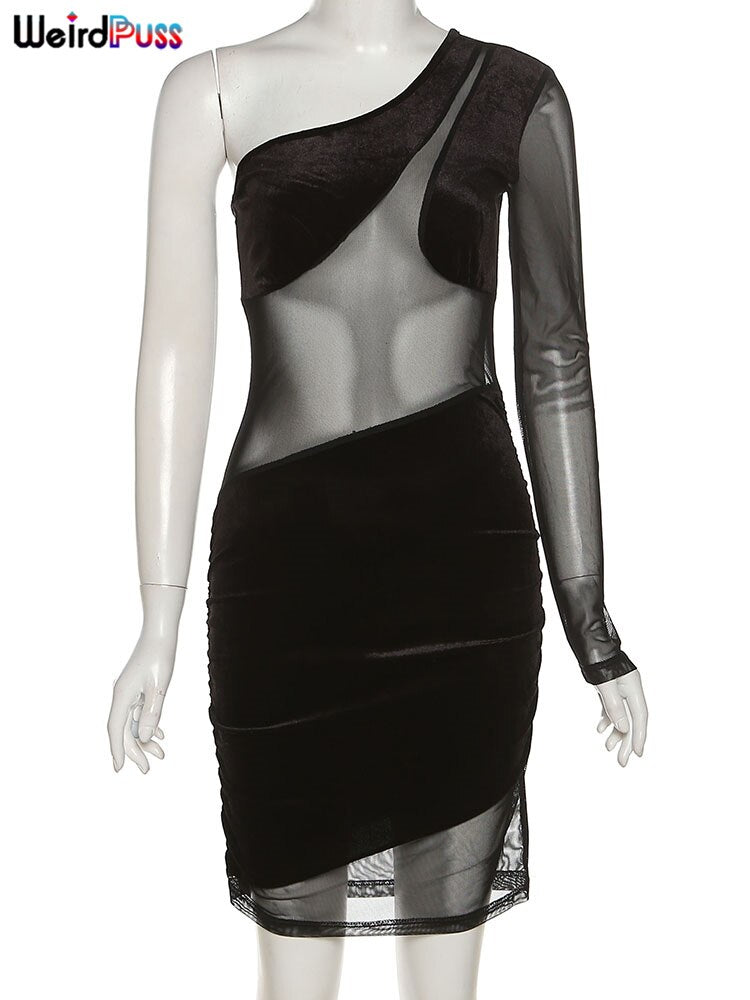 Weird Puss Velvet Mesh Patchwork Dress Women Diagonal Collar One Shoulder Sexy Elastic Skinny Bodycon Trend Party Club Outfit