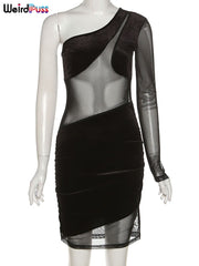 Weird Puss Velvet Mesh Patchwork Dress Women Diagonal Collar One Shoulder Sexy Elastic Skinny Bodycon Trend Party Club Outfit