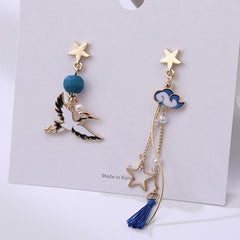 Chinese Style Folding Fan Crane Carp Lotus Asymmetrical Long Tassel Dangle National Style Earrings for Women Jewelry Gift
