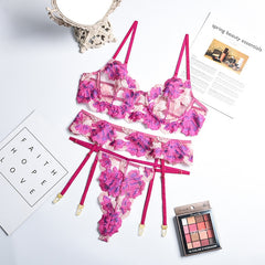 Yimunancy 3-Piece Embroidery Lace Bra Set Women Floral Bra Underwire + Thong Underwear Set Sexy Lingerie Set