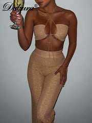 Dulzura Bling Glitter Women 2 Pieces Lace Up Halter Crop Top Wide Leg Pants Set Matching Suit Party Club Sexy 2022 Summer