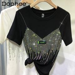 Heavy Embroidery Hot Drilling T-shirt Women Fake Two-Piece Shiny Slim Fitted Short-Sleeved T Shirt O-Neck Tops Femme Knited Tees