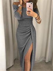 2022 New Women&#39;s Off Shoulder Long Sleeve Bodycon Evening Party Long Dress Asymmetrical Split Pencil Dresses S M L XL XXL