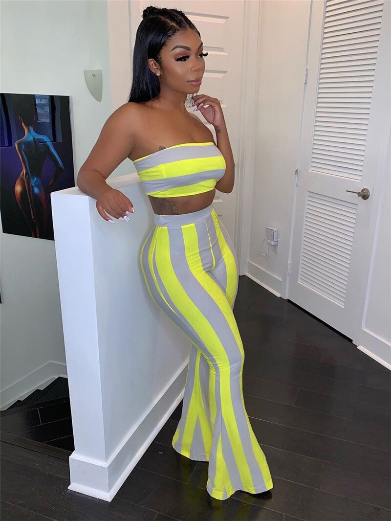 Two Piece Set Women 2021 Summer Elegant Pant Sets Striped Tube Crop Tops and Flare Pants Leggings Sexy Club 2Pcs Set Femme