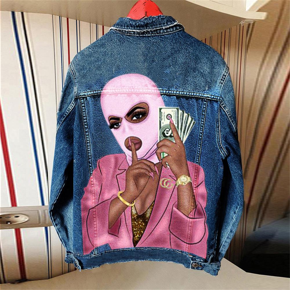 Women&#39;s retro street autumn and winter long-sleeved personalized printing foreign trade denim jacket women&#39;s single-breasted