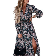 2021 Summer Women Vintage Dress High Waist Ruffle Lady Casual Dress Sexy V-Neck Elegant Floral Printed Puff Sleeve Female Dress
