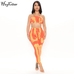 Hugcitar 2021 Sleeveless Slash Neck Ribbed Print Crop Top Pants 2 Pieces Set Bodycon Summer Sexy Women Streetwear Y2K Party
