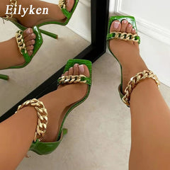 Eilyken New Women Sandals Summer Square Toe Thin High Heels Female Fashion Chain Designer Strap Party Dress Shoes Size 41 Green
