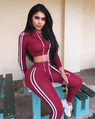 Fitness Casual 2 Piece Set Tracksuit Women Side Striped Hoodies Cropped Tops and Pants Jogger Two Piece Outfits Chandal Mujer