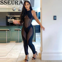 SSEURAT     Sexy Sheer Mesh Black Jumpsuit Sleeveless Bodycon Romper See Through Party Night Club Outfits