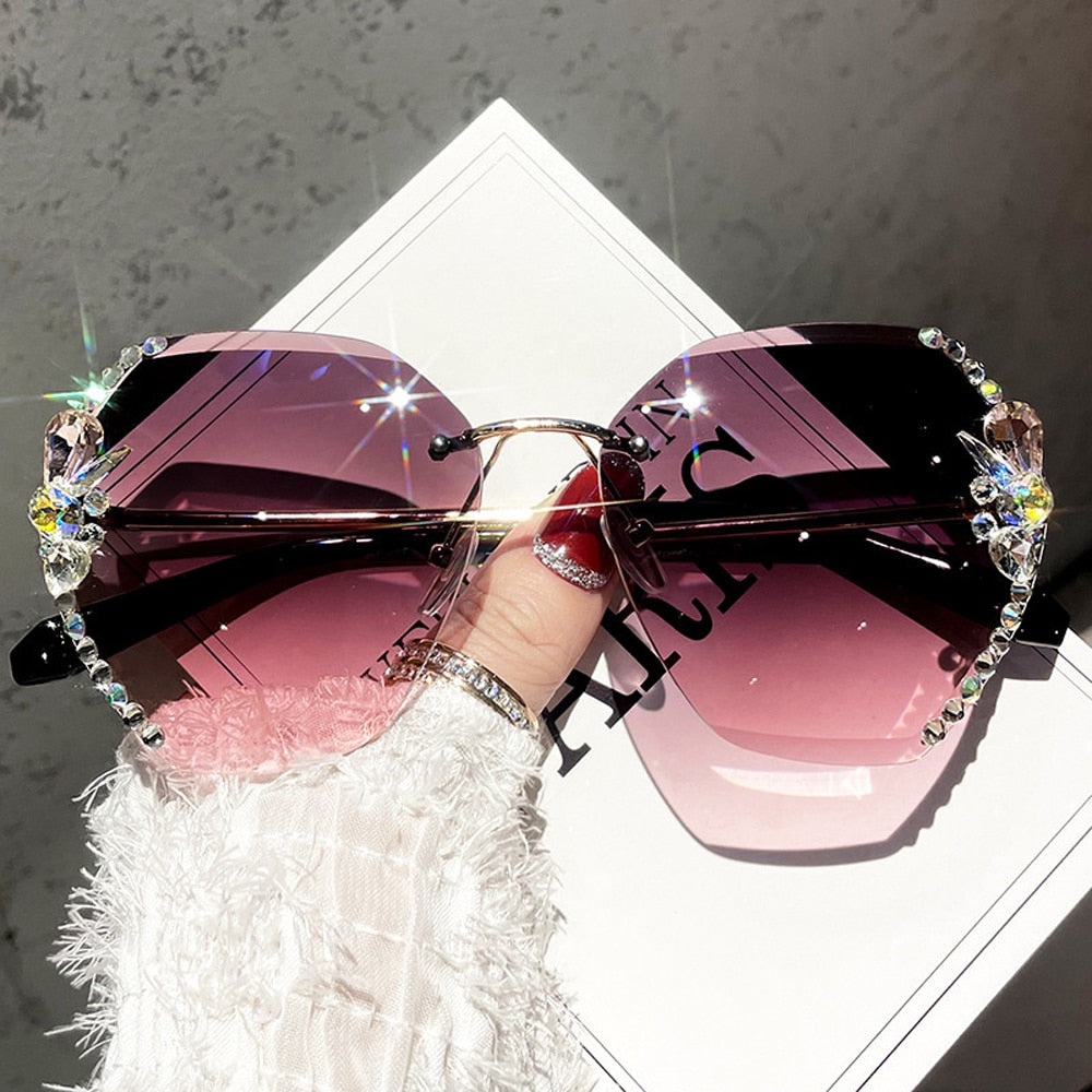 Vintage Rimless Rhinestone Sunglasses Gradient Lens Sun Glasses Shades Main image