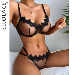Ellolace Sensual Lingerie Woman Transparent Lace Exotic Costumes Sheer Porn Intimate 2-Piece Underwire Bra Thongs Sexy Outfit