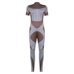 CIBBAR Color Blocking Skinny Biker Printing Jumpsuits Women Retro Fashion Short Sleeve Sexy Bodycon Streetwear Overalls Autumn