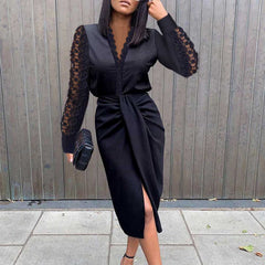 Lace Slim Midi Dress Women V-veck Long Sleeve Black Split Dress