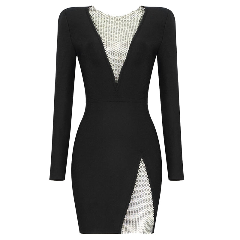 Beading Long Sleeve Rayon Bandage Sexy Hollow Out Mini Runway Dress