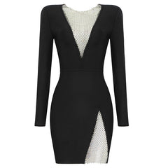 Beading Long Sleeve Rayon Bandage Sexy Hollow Out Mini Runway Dress
