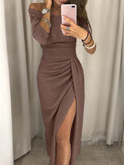 2022 New Women&#39;s Off Shoulder Long Sleeve Bodycon Evening Party Long Dress Asymmetrical Split Pencil Dresses S M L XL XXL