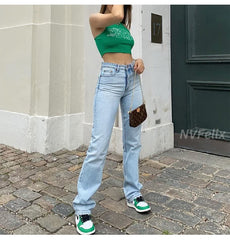 Straight Leg Jeans For Loose High Waist Trousers Casual Blue Wash Cotton Denim Baggy  Jeans