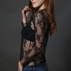 Mesh Sheer T-Shirts Long Sleeve Blouses  Transparent Tops