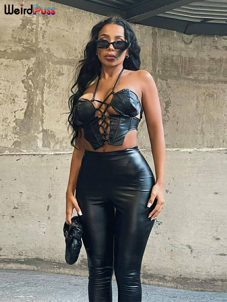 Weird Puss Shirring Women Leather Sexy Camisole Bandage Backless Summer Hollow Halter Vest Hot Girl Trend Party Wild Streetwear
