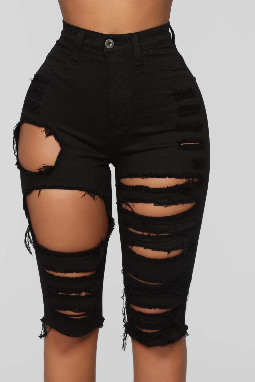 Trendy black ripped high waist jeans for women Fashion Skinny stretch summer denim jeans casual clothes S-2XL