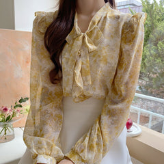 Autumn V-neck Sweet Floral Print Chiffon Blouse Fashion Ruffled Bow Tie Shirt Women Long Sleeve Shirt Tops Clothes Blusas 16559