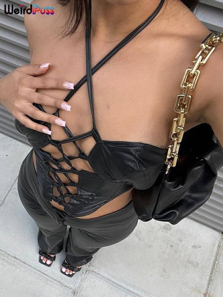 Weird Puss Shirring Women Leather Sexy Camisole Bandage Backless Summer Hollow Halter Vest Hot Girl Trend Party Wild Streetwear