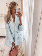 Stylish Chic Blue Tweed Jacket Women 2021 Fashion Turn-down Collar Double Breasted Pockets Coat Female Casual Outerwear