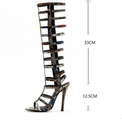 Woman Rome Sandal Boots Snake pattern gold Lady Knee High Boots Thin High Heels Stiletto Crystal Dress Summer Shoes Sandalias