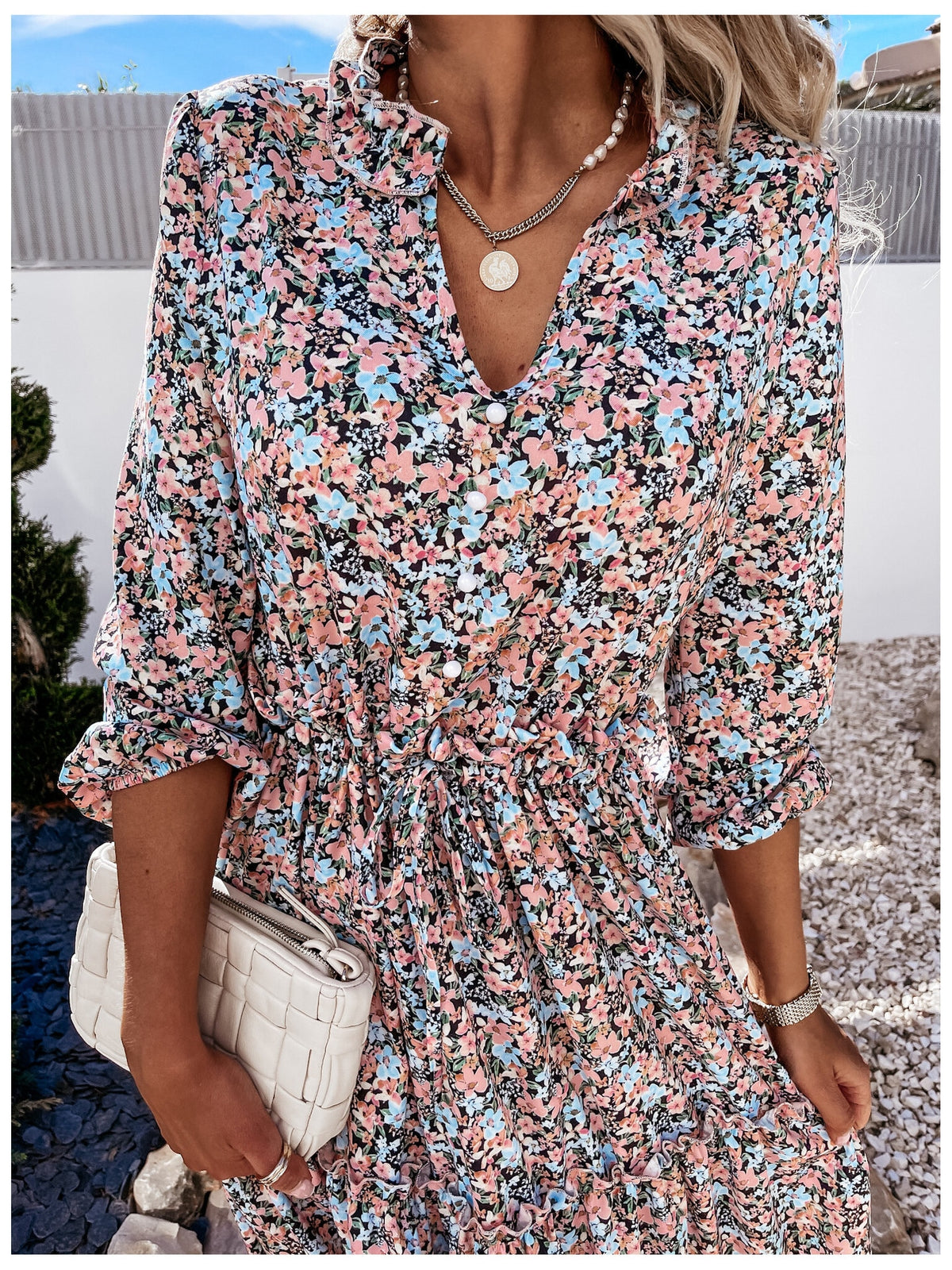 2021 Summer Women Vintage Dress High Waist Ruffle Lady Casual Dress Sexy V-Neck Elegant Floral Printed Puff Sleeve Female Dress
