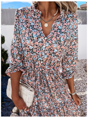 2021 Summer Women Vintage Dress High Waist Ruffle Lady Casual Dress Sexy V-Neck Elegant Floral Printed Puff Sleeve Female Dress