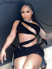 Macheda Summer Black Sexy Slim Dress Women Inclined Shoulder Sleevesess Hollow Out Party Clothing Fashion Lady Mini Dresses 2021