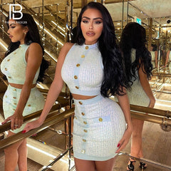 PB Stylish Jacquard Two Pieces Set Sexy Stand Collar Sleeveless Celebrity Party Club Bandage Vestido Free Shipping