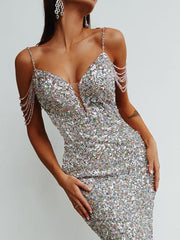 DEIVE TEGER New Style 2021 Summer Women&#39;s Sexy V Neck Strap Bodycon Beading Sequined Midi Dress Nightclub Party Women Clothing