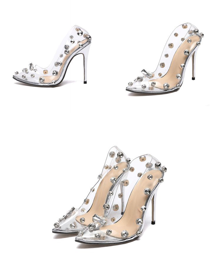 Eilyken 2022 Design Rivet Crystal Pumps Wedding Women Shoes High Heels PVC Transparent Sexy Night Club Femme Shoes