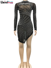 Rhinestone Pearl Mesh Sexy Dress Side Split Long Sleeve Elastic