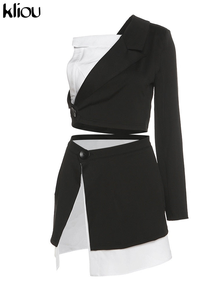 Kliou High Street Style Two Piece Set Women Skirt Asymmetrical Patchwork One-Shoulder Top+Unique Sexy Side Single Button Skirt
