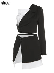 Kliou High Street Style Two Piece Set Women Skirt Asymmetrical Patchwork One-Shoulder Top+Unique Sexy Side Single Button Skirt