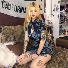 Sisterlinda Fashion Dragon Print Bodycon Mini Dress Women Short Sleeve Hollow Out Cheongsam Dresses 2020 Vestidos Dress Mujer
