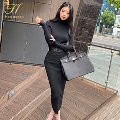 Bodycon Knitted Dress Bottoming Women Soft Elastic Turtleneck Sweater Dress With Belt