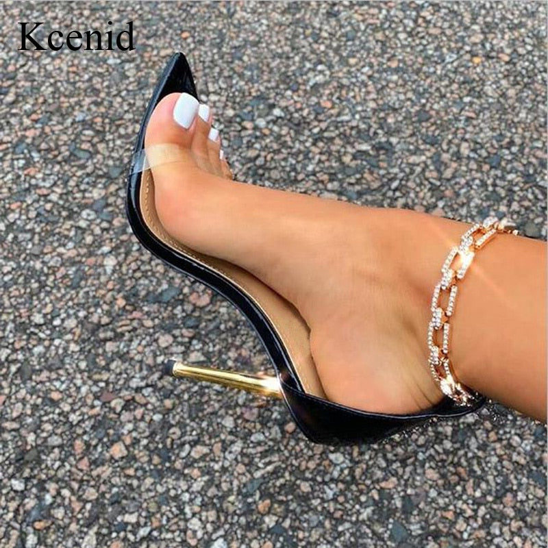 Kcenid Crystal Rhinestone Chain Pumps Rome Sandals Women Pointed Toe Metal Heel Stilettos High Heels Sandals Summer Party Shoes