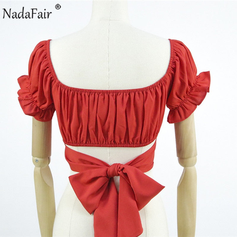 Nadafair Blouse Women 2020 Summer Off Shoulder Tops Puff Sleeve Bow Tied Beach Short Sleeve Backless Sexy Crop Top Women White