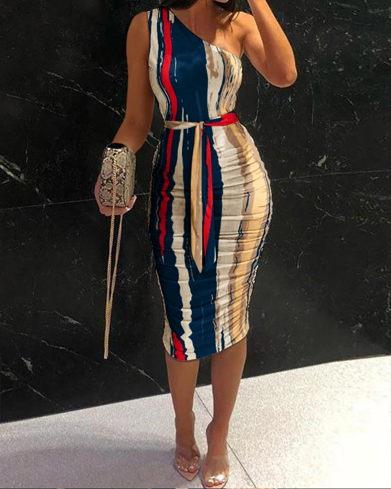 artsy One Shoulder Ruched Tie Front Muticolor Striped Sexy Midi Bodycon Dress