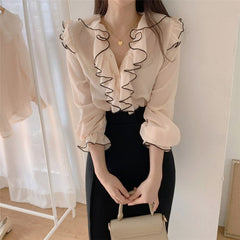 Alien Kitty 2021 All Match Office Lady V-Neck Color-Hit Ruffles Basic Shirts Sweet High Quality Autumn Vintage Brief Blouses